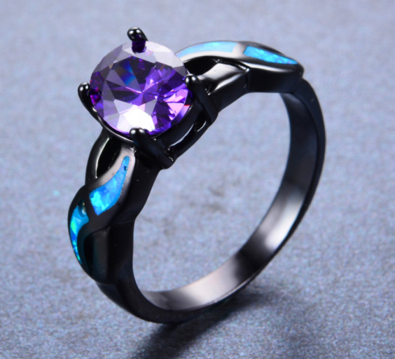 Purple Amethyst Black Gold Filled Fire Opal Ring ESS6 Fashion