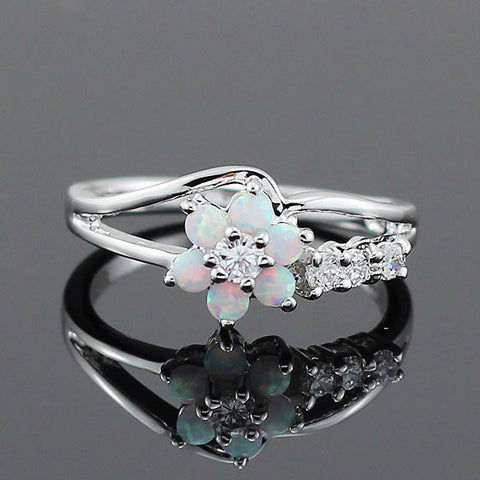 Silver White Fire Opal Flower Ring