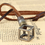 Adjustable Leather Cube Pendant Charm Necklace