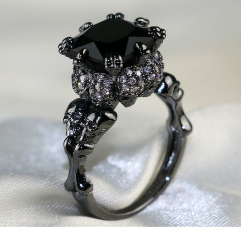 Agate Zircon Rhodium Plated Skull Ring