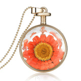 Pressed Flower Circle Shaped Charm Pendant Necklace