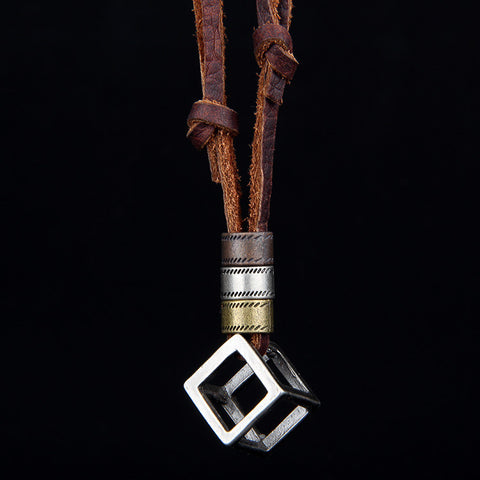 Adjustable Leather Cube Pendant Charm Necklace