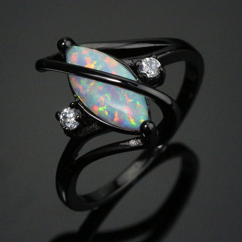 White Fire Opal Crossed Dark Ring