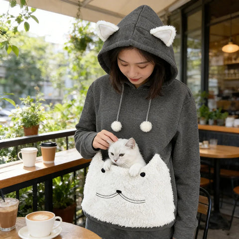 Warm Thick Fleece Cat Pouch Hoodie