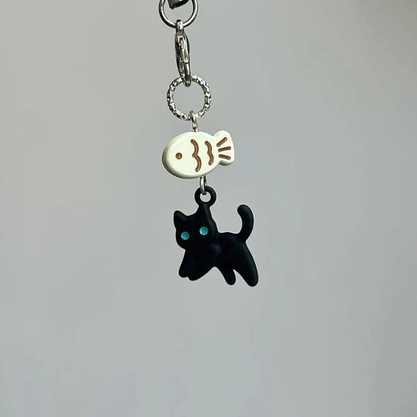 Black Cat With Fish Chain Accessory
