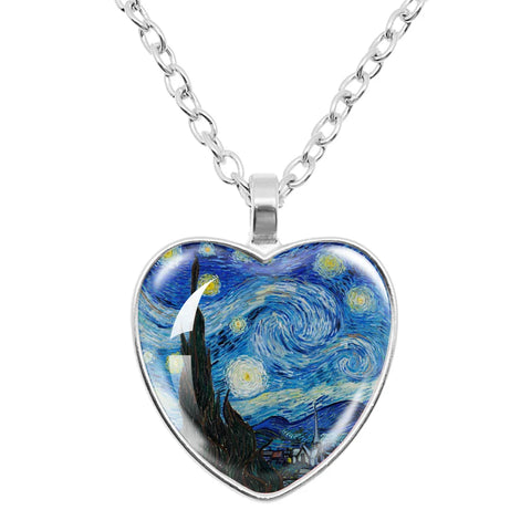 Glass Cabochon Painting Heart Pendant Necklace