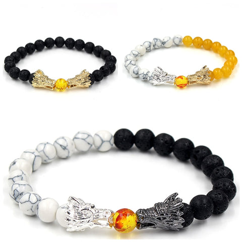 Natural Black Lava & White Howlite Stone Beads Dragon Bracelet