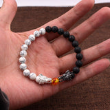 Natural Black Lava & White Howlite Stone Beads Dragon Bracelet