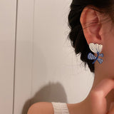 White Blue Painting Leaf Flower Earrings
