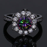 Black Gold Flower Rainbow Cubic Zirconia Ring