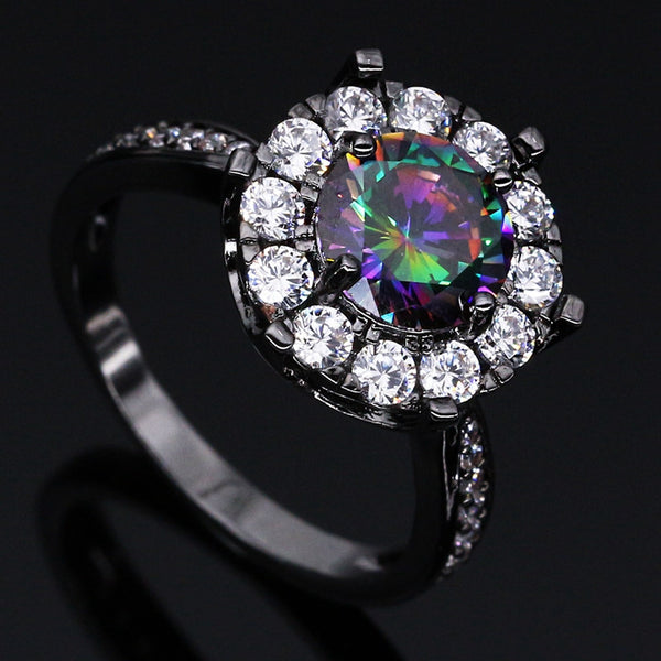 Black Gold Flower Rainbow Cubic Zirconia Ring