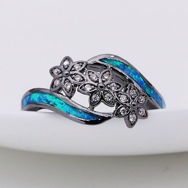 Black Gold Flowers Blue Fire Opal Ring