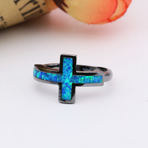 Black Gold Cross Blue Fire Opal Ring