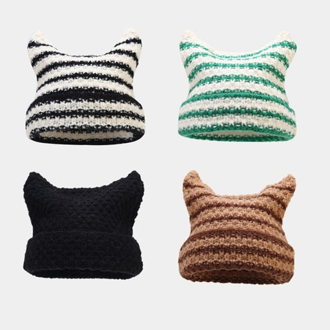 Hand Made Horn Detail Striped Knitted Hat