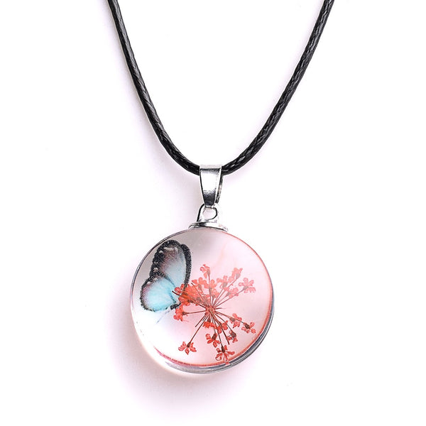 Real Dried Glass Flower Pendant Necklace