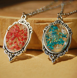 Cabochon Glass Silver Flower Charm Pendant Necklace