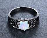 White Opal Heart Black Gold Filled Ring