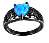 Blue Opal Heart Black Gold Filled Ring