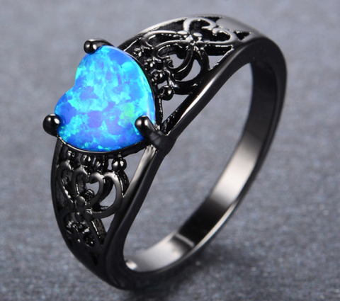 Blue Opal Heart Black Gold Filled Ring