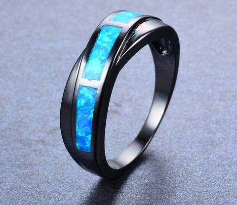 Black Gold Filled Classic Cross Blue Fire Opal Ring