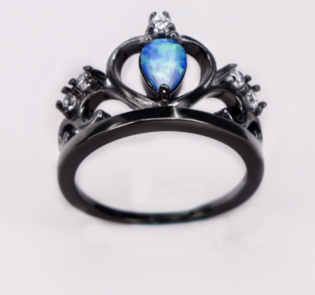Blue Opal White Cubic Zirconia Crown Black Gold Filled Ring