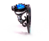 Blue Opal White Cubic Zirconia Crown Black Gold Filled Ring