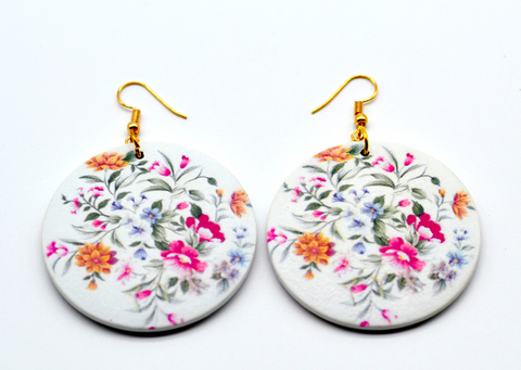 Round Wooden Flower Print Earrings - 1 Pair
