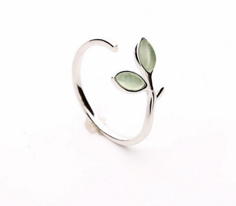 Silver Green Opal Leaves Buds Ring - 925 Sterling Silver