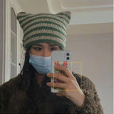 Hand Made Horn Detail Striped Knitted Hat