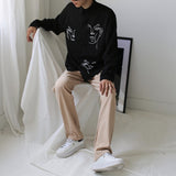 Cartoon Abstract Figure Printed Lapel Collar Long Sleeve Boyfriend Loose Button Shirt