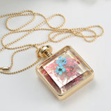 Pressed Flower Square Shaped Charm Pendant Necklace