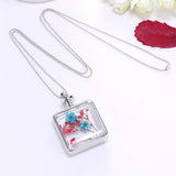 Pressed Flower Square Shaped Charm Pendant Necklace