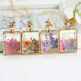 Pressed Flower Square Shaped Charm Pendant Necklace