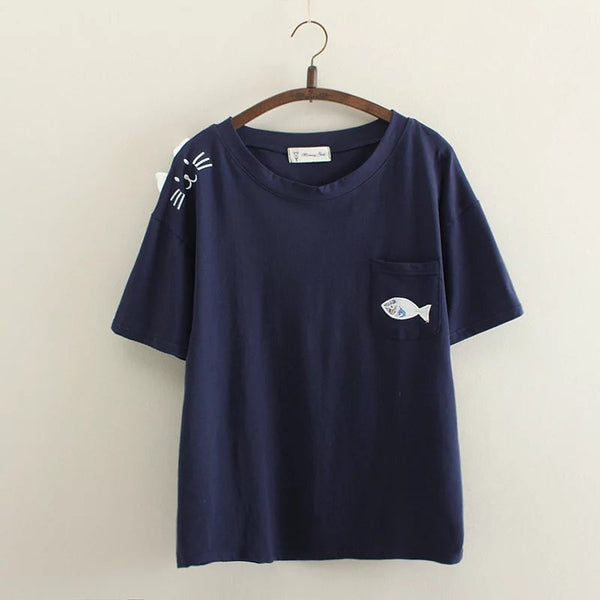 Cat and Fish Short Sleeved T Shirt