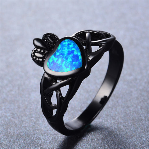 Blue Heart Fire Opal Black Gold Filled Ring