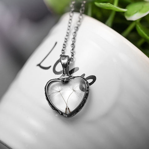 Dried Dandelion Flower Heart Necklace