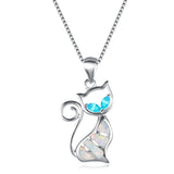 Silver White Fire Opal Sapphire Cat Pendant