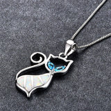 Silver White Fire Opal Sapphire Cat Pendant