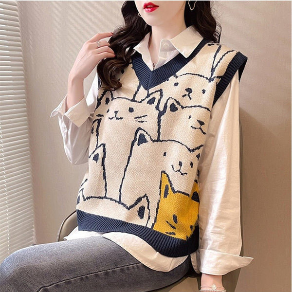 Cat Knit Vest Sweater
