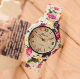 Luxury Quartz Flowers Printed Geneva Watch For Women