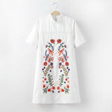 European Flowers Embroidered Stand Collar White Dress