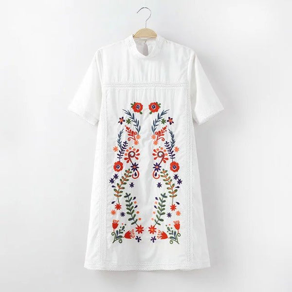 European Flowers Embroidered Stand Collar White Dress