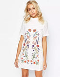 European Flowers Embroidered Stand Collar White Dress