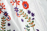European Flowers Embroidered Stand Collar White Dress