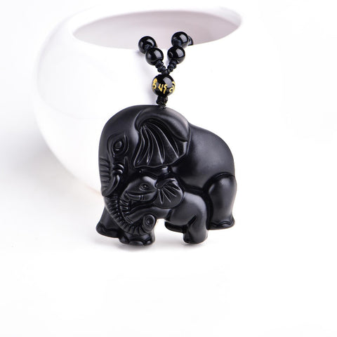 Natural Black Obsidian Carved Mother Baby Elephant Amulet
