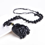 Natural Black Obsidian Carved Mother Baby Elephant Amulet