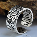 925 Sterling Silver Adjustable Lotus Ring with the Heart Sutra Inside
