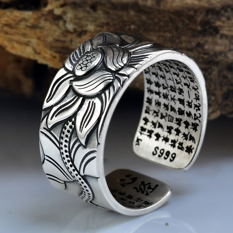 925 Sterling Silver Adjustable Lotus Ring with the Heart Sutra Inside