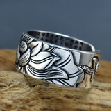 925 Sterling Silver Adjustable Lotus Ring with the Heart Sutra Inside