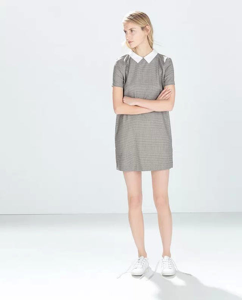 White Collar Grey Houndstooth Print Casual Dress